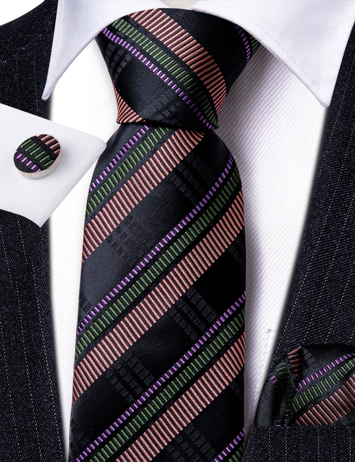 Bright Black Brown Striped Tie, Pocket Square and Cufflinks Set tie sets    - Sophisticated Gentlemen