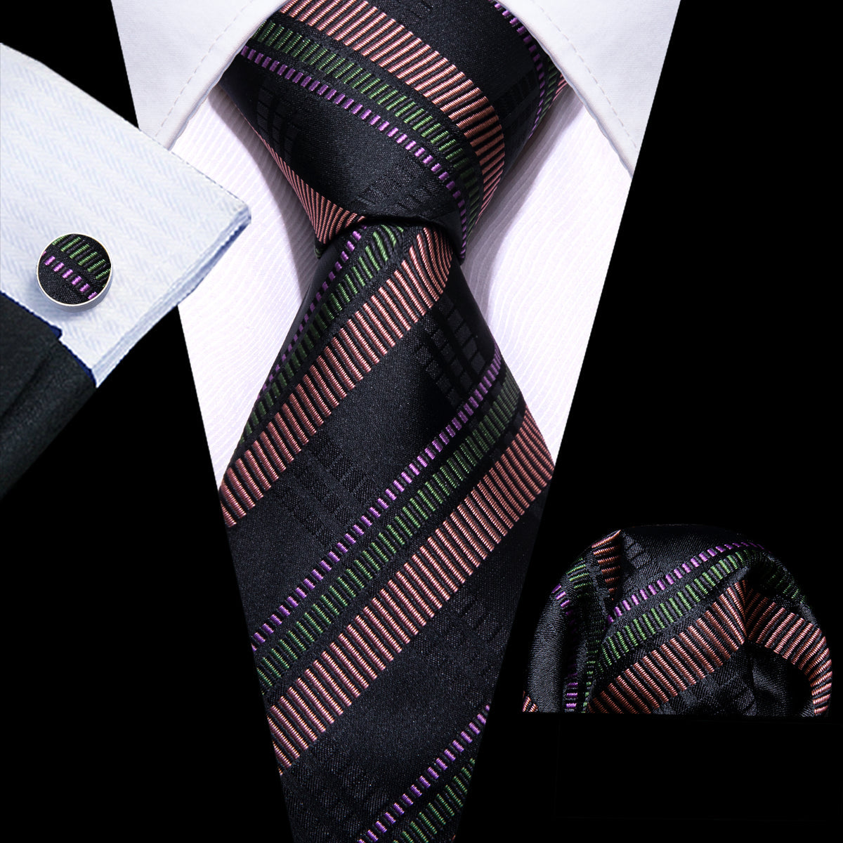 Bright Black Brown Striped Tie, Pocket Square and Cufflinks Set tie sets    - Sophisticated Gentlemen