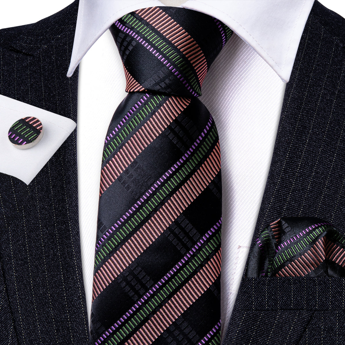 Bright Black Brown Striped Tie, Pocket Square and Cufflinks Set tie sets    - Sophisticated Gentlemen