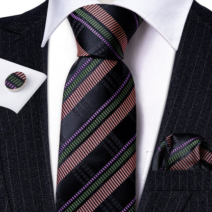 Bright Black Brown Striped Tie, Pocket Square and Cufflinks Set tie sets    - Sophisticated Gentlemen