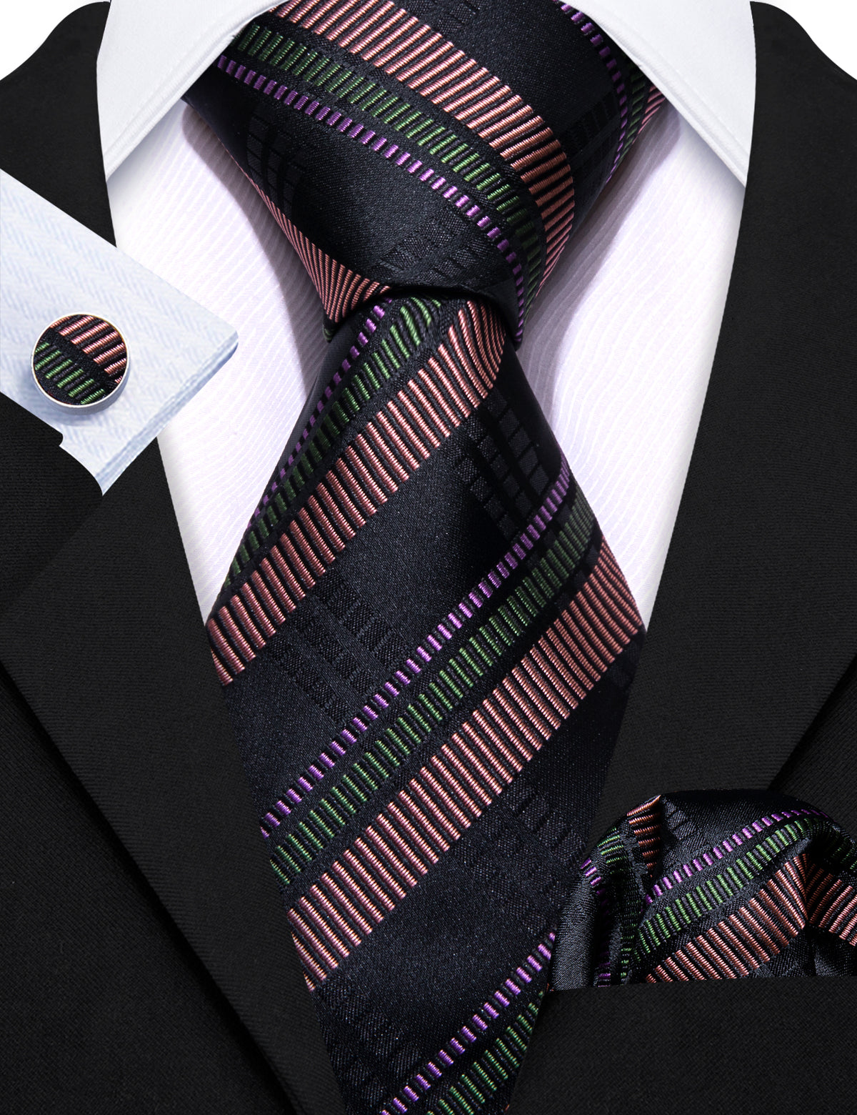 Bright Black Brown Striped Tie, Pocket Square and Cufflinks Set tie sets    - Sophisticated Gentlemen