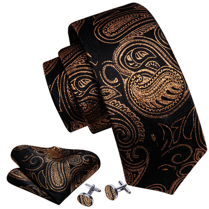 Black Gold Luxury Paisley Silk Tie, Pocket Square and Cufflinks Set tie sets    - Sophisticated Gentlemen