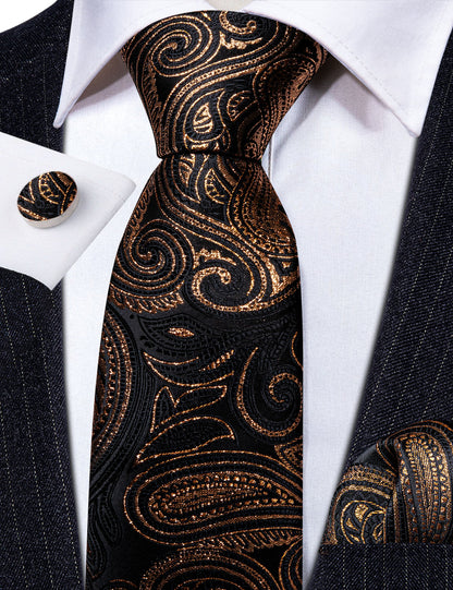 Black Gold Luxury Paisley Silk Tie, Pocket Square and Cufflinks Set tie sets    - Sophisticated Gentlemen