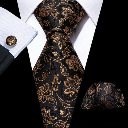 Black Gold Shining Paisley Tie, Pocket Square and Cufflinks Set tie sets    - Sophisticated Gentlemen