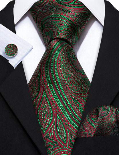 Green Red Paisley Silk Tie, Pocket Square and Cufflinks Set tie sets    - Sophisticated Gentlemen