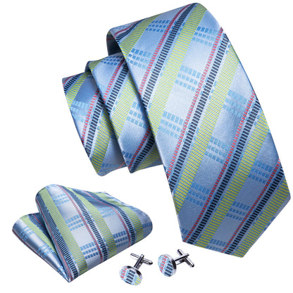 Blue Turquoise Striped Tie, Pocket Square and Cufflinks Set tie sets    - Sophisticated Gentlemen