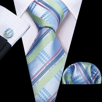 Blue Turquoise Striped Tie, Pocket Square and Cufflinks Set tie sets    - Sophisticated Gentlemen