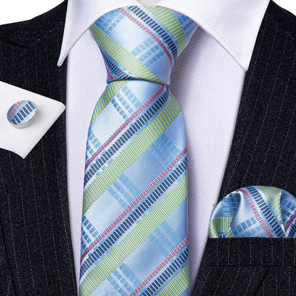 Blue Turquoise Striped Tie, Pocket Square and Cufflinks Set tie sets    - Sophisticated Gentlemen
