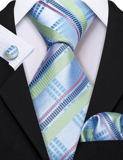 Blue Turquoise Striped Tie, Pocket Square and Cufflinks Set tie sets    - Sophisticated Gentlemen