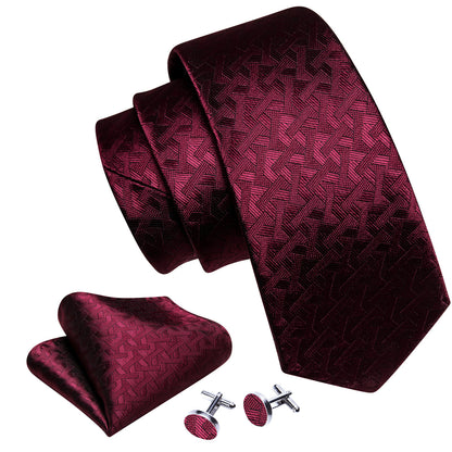 Red Burgundy Geometry Tie, Pocket Square and Cufflinks Set tie sets    - Sophisticated Gentlemen