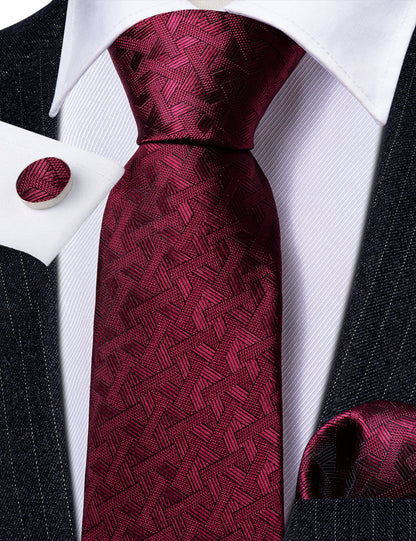 Red Burgundy Geometry Tie, Pocket Square and Cufflinks Set tie sets    - Sophisticated Gentlemen