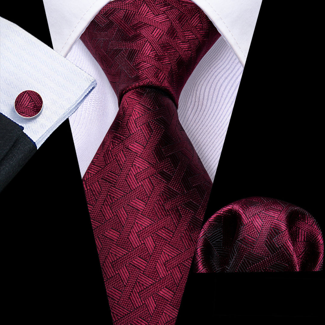 Red Burgundy Geometry Tie, Pocket Square and Cufflinks Set tie sets    - Sophisticated Gentlemen