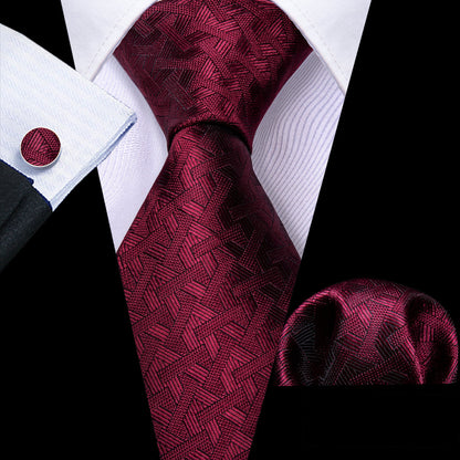 Red Burgundy Geometry Tie, Pocket Square and Cufflinks Set tie sets    - Sophisticated Gentlemen