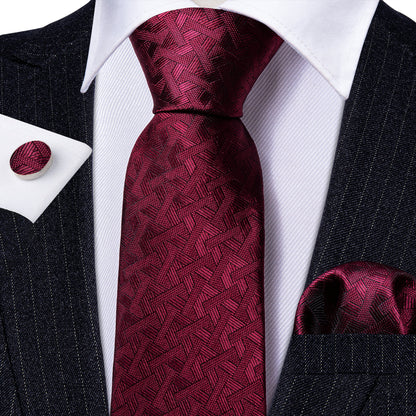 Red Burgundy Geometry Tie, Pocket Square and Cufflinks Set tie sets    - Sophisticated Gentlemen