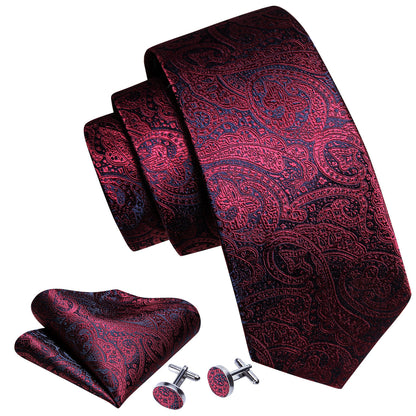 Burgundy Red Blue Paisley Silk Tie, Pocket Square and Cufflinks Set tie sets    - Sophisticated Gentlemen