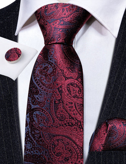 Burgundy Red Blue Paisley Silk Tie, Pocket Square and Cufflinks Set tie sets    - Sophisticated Gentlemen