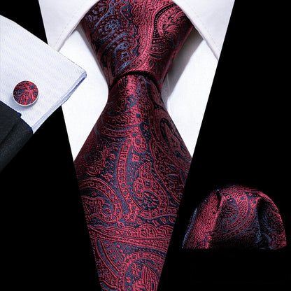 Burgundy Red Blue Paisley Silk Tie, Pocket Square and Cufflinks Set tie sets    - Sophisticated Gentlemen