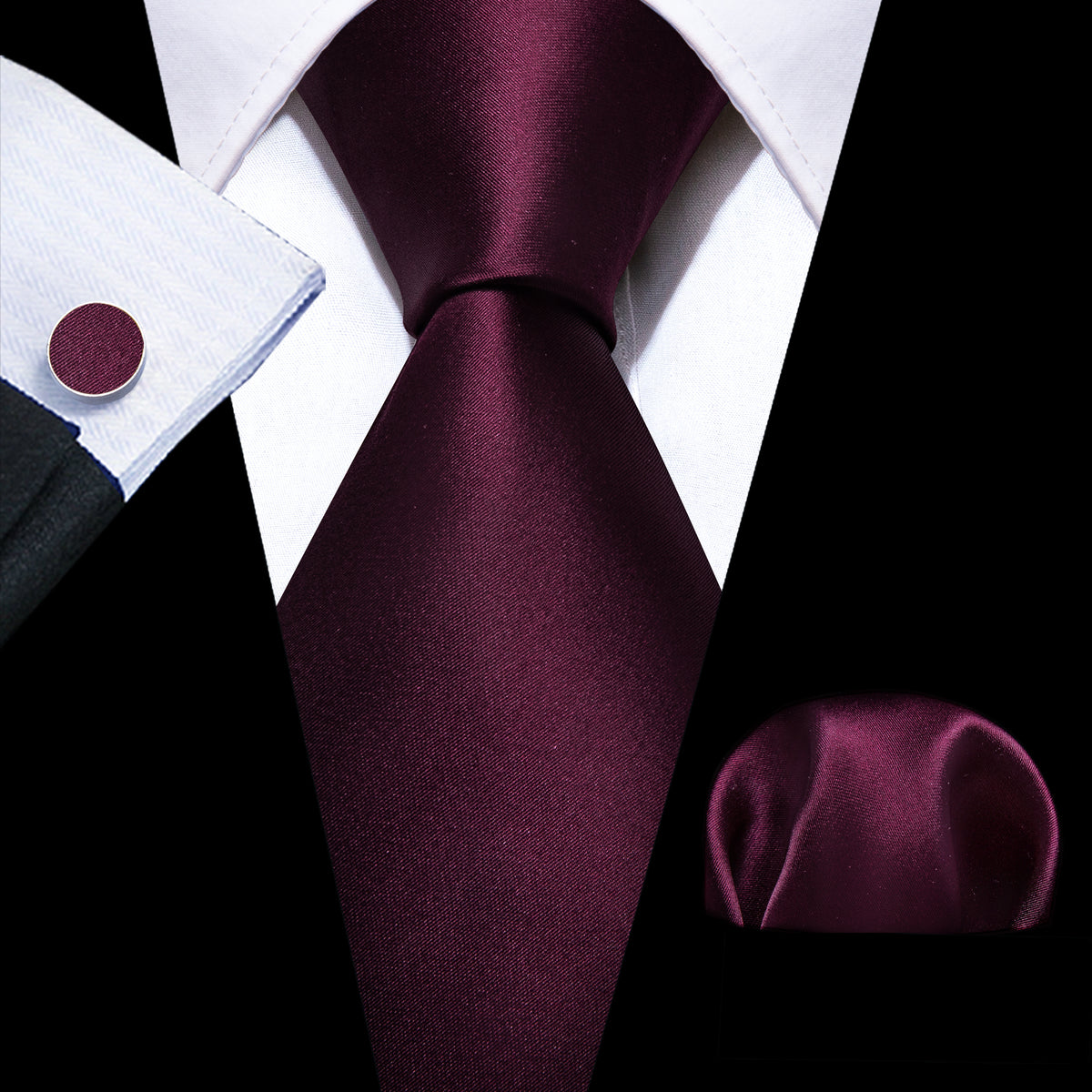 Solid Wine Red Silk Tie, Pocket Square and Cufflinks Set tie sets    - Sophisticated Gentlemen