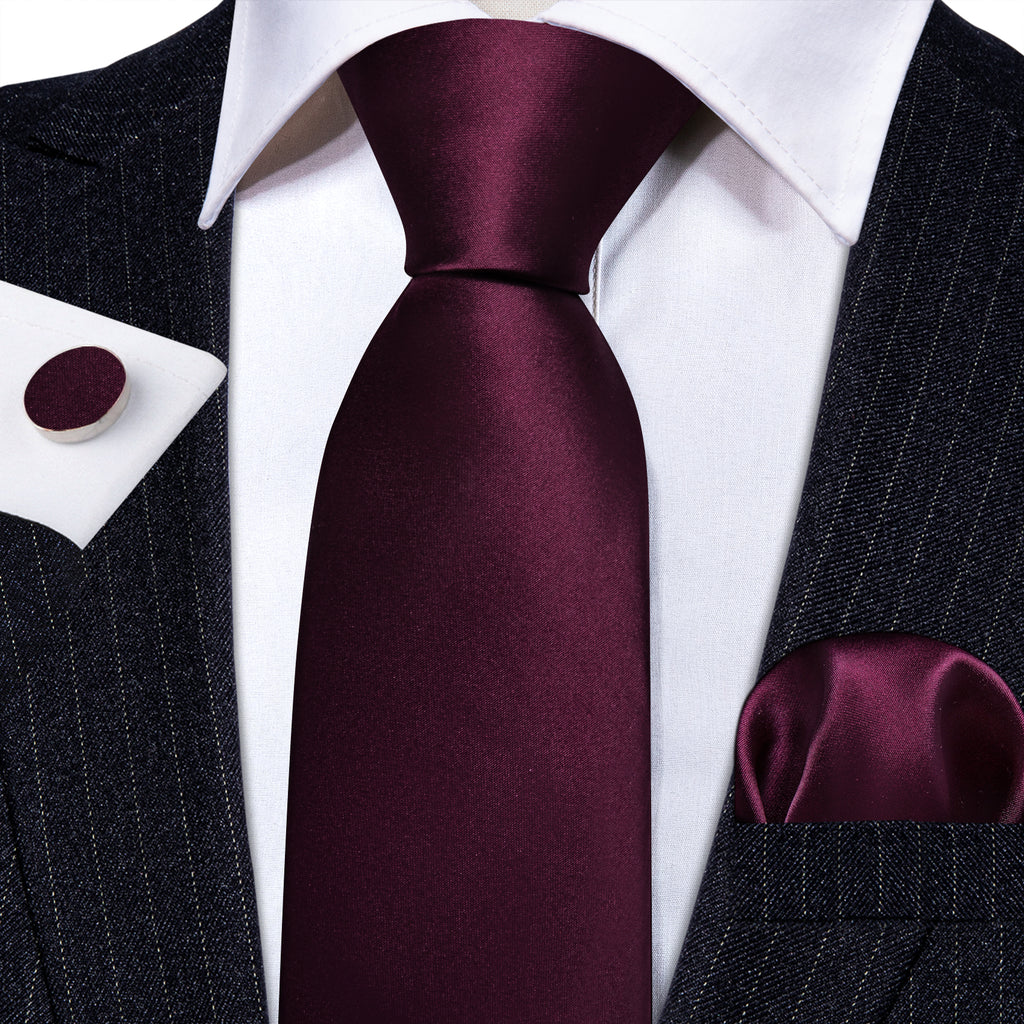 Solid Wine Red Silk Tie, Pocket Square and Cufflinks Set tie sets    - Sophisticated Gentlemen