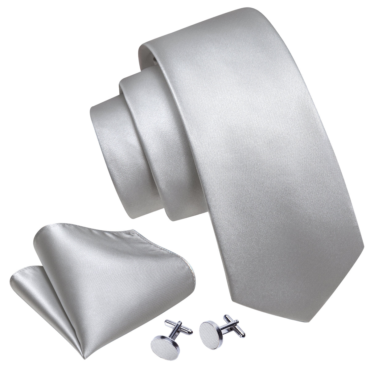 Gray White Solid Silk Tie, Pocket Square and Cufflinks Set tie sets    - Sophisticated Gentlemen