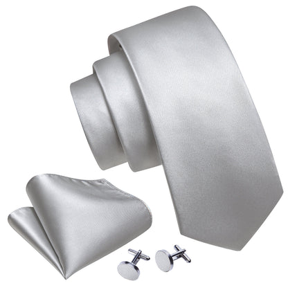 Gray White Solid Silk Tie, Pocket Square and Cufflinks Set tie sets    - Sophisticated Gentlemen