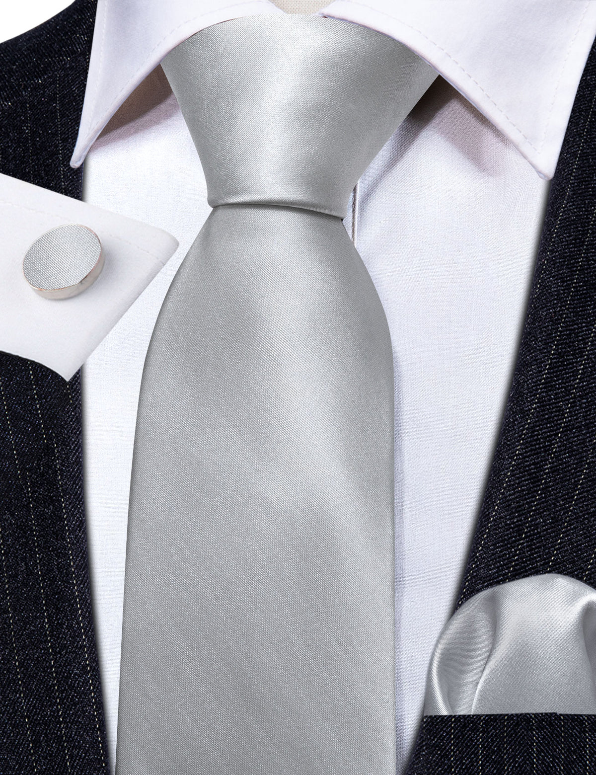 Gray White Solid Silk Tie, Pocket Square and Cufflinks Set tie sets    - Sophisticated Gentlemen