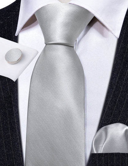 Gray White Solid Silk Tie, Pocket Square and Cufflinks Set tie sets    - Sophisticated Gentlemen