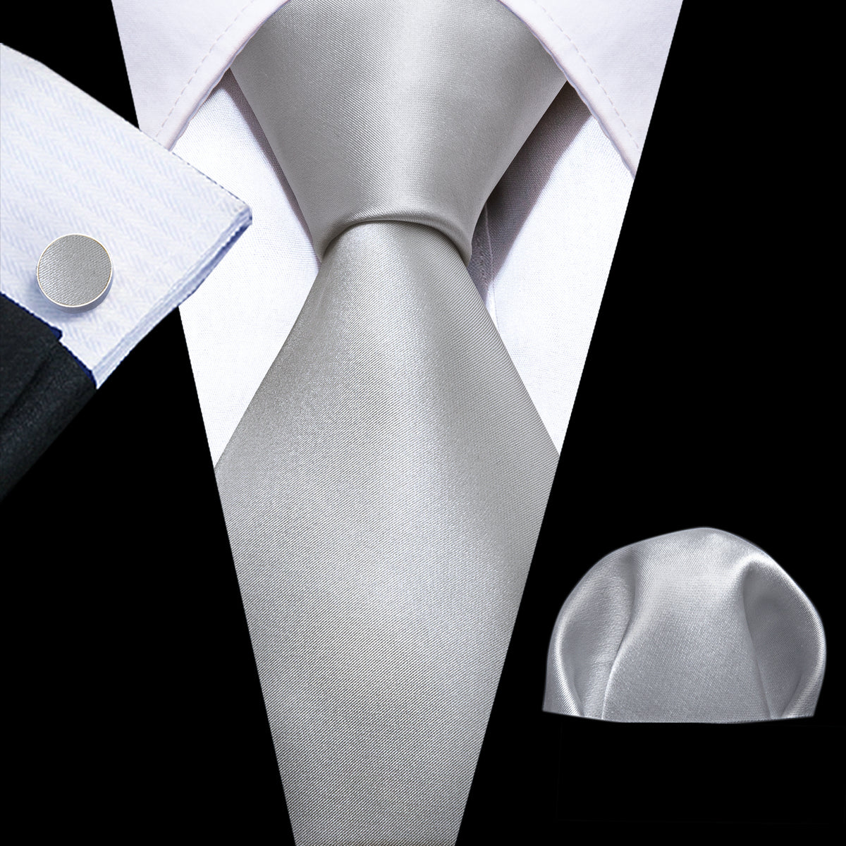 Gray White Solid Silk Tie, Pocket Square and Cufflinks Set tie sets    - Sophisticated Gentlemen