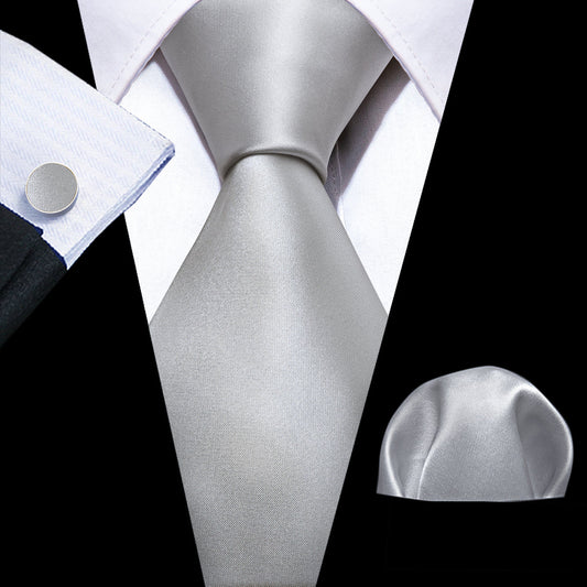 Gray White Solid Silk Tie, Pocket Square and Cufflinks Set tie sets    - Sophisticated Gentlemen