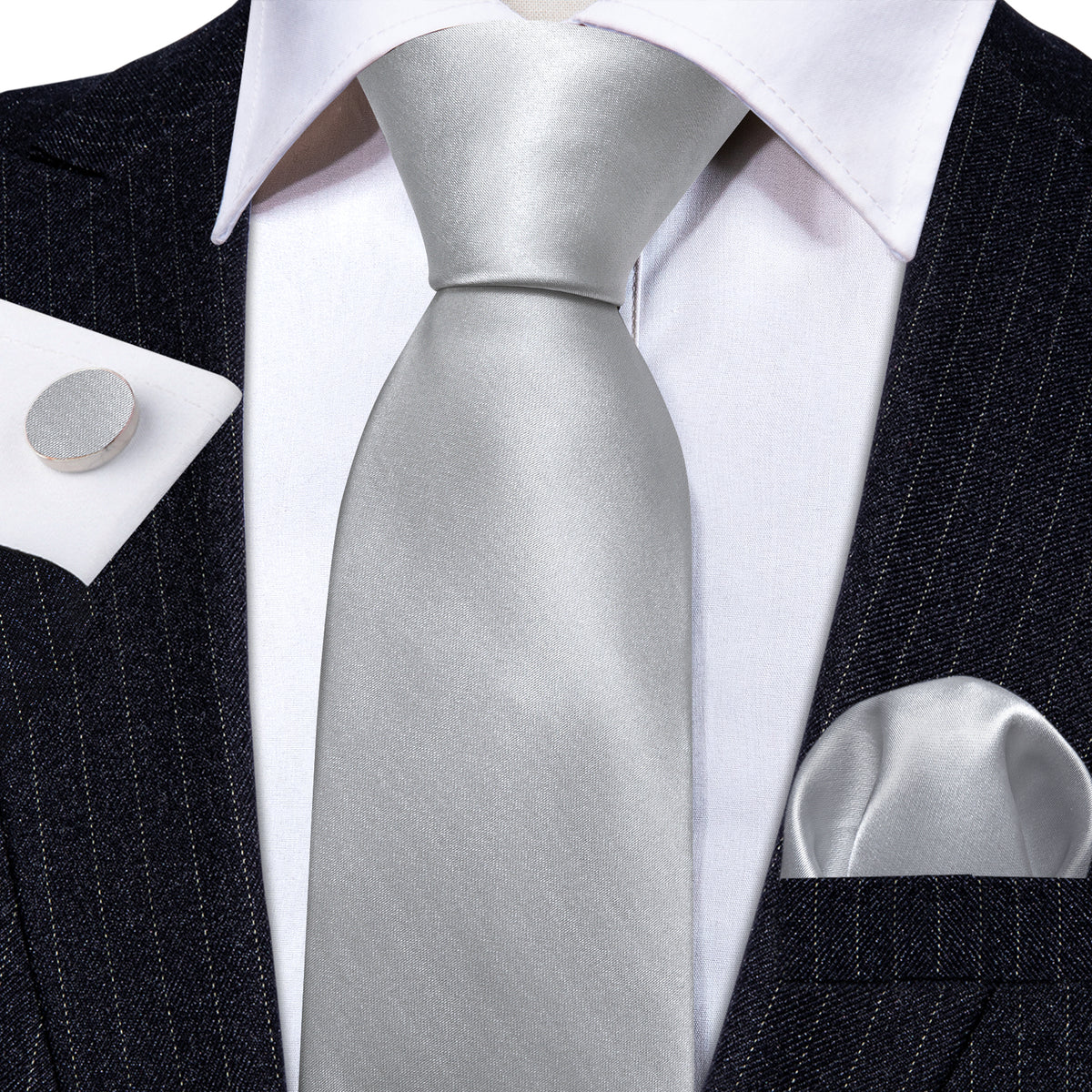 Gray White Solid Silk Tie, Pocket Square and Cufflinks Set tie sets    - Sophisticated Gentlemen