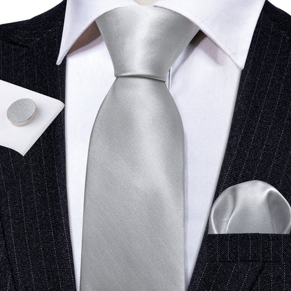 Gray White Solid Silk Tie, Pocket Square and Cufflinks Set tie sets    - Sophisticated Gentlemen