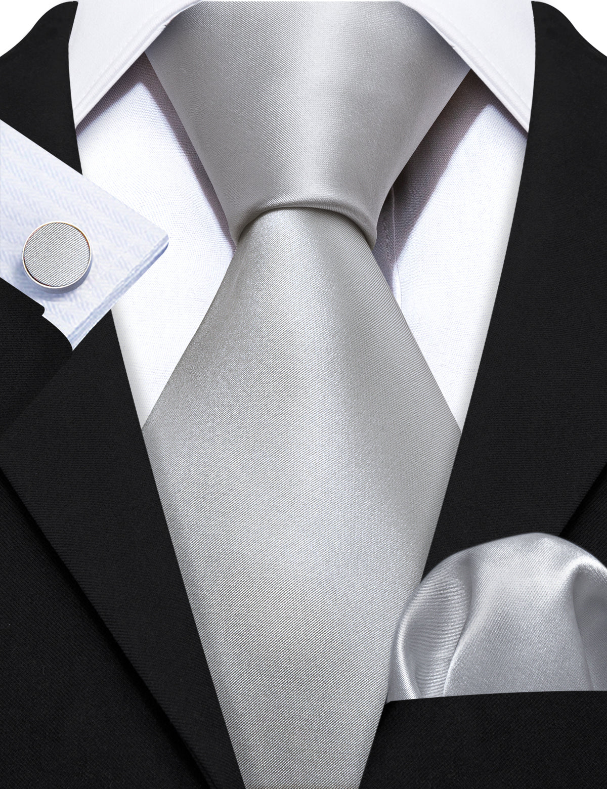 Gray White Solid Silk Tie, Pocket Square and Cufflinks Set tie sets    - Sophisticated Gentlemen