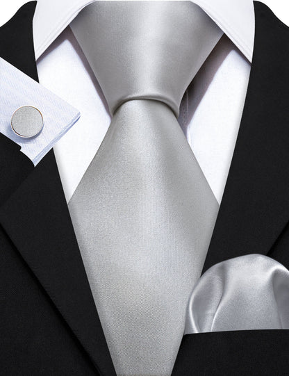 Gray White Solid Silk Tie, Pocket Square and Cufflinks Set tie sets    - Sophisticated Gentlemen