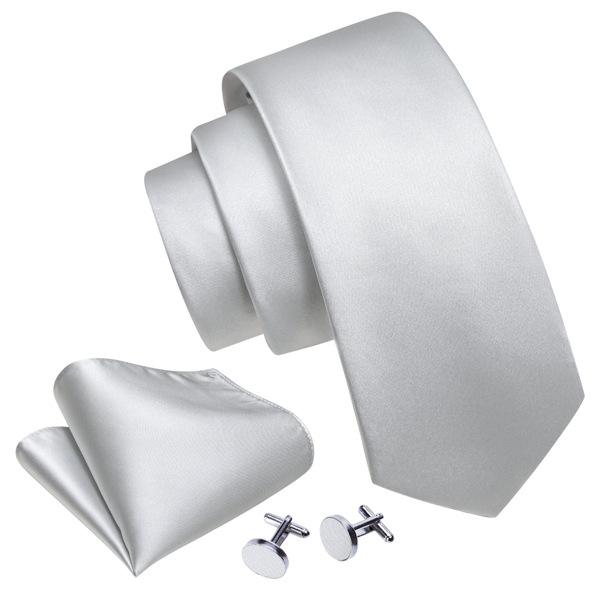 Silver White Solid Tie, Pocket Square and Cufflinks Set tie sets    - Sophisticated Gentlemen
