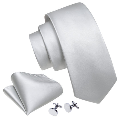 Silver White Solid Tie, Pocket Square and Cufflinks Set tie sets    - Sophisticated Gentlemen