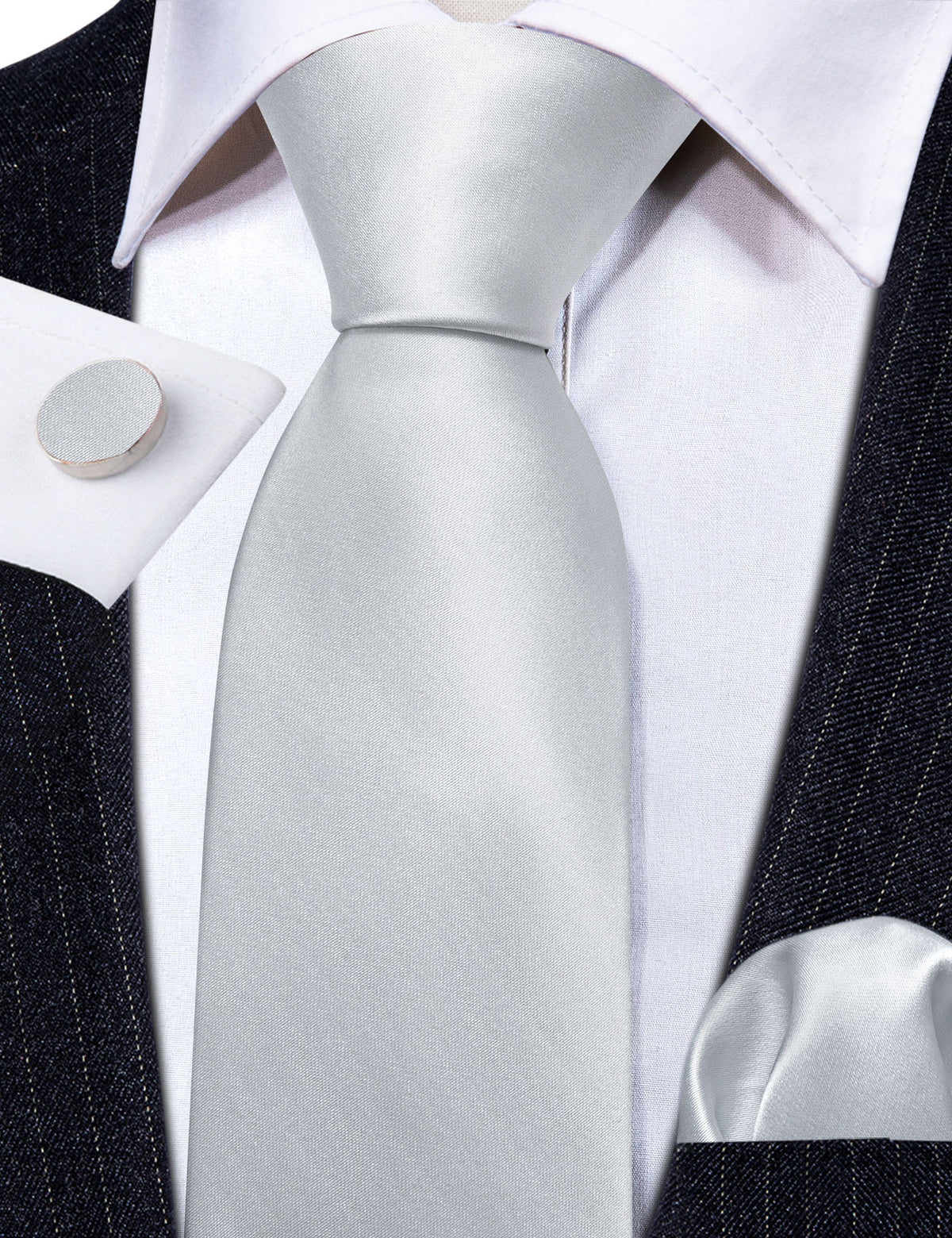 Silver White Solid Tie, Pocket Square and Cufflinks Set tie sets    - Sophisticated Gentlemen