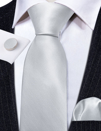 Silver White Solid Tie, Pocket Square and Cufflinks Set tie sets    - Sophisticated Gentlemen