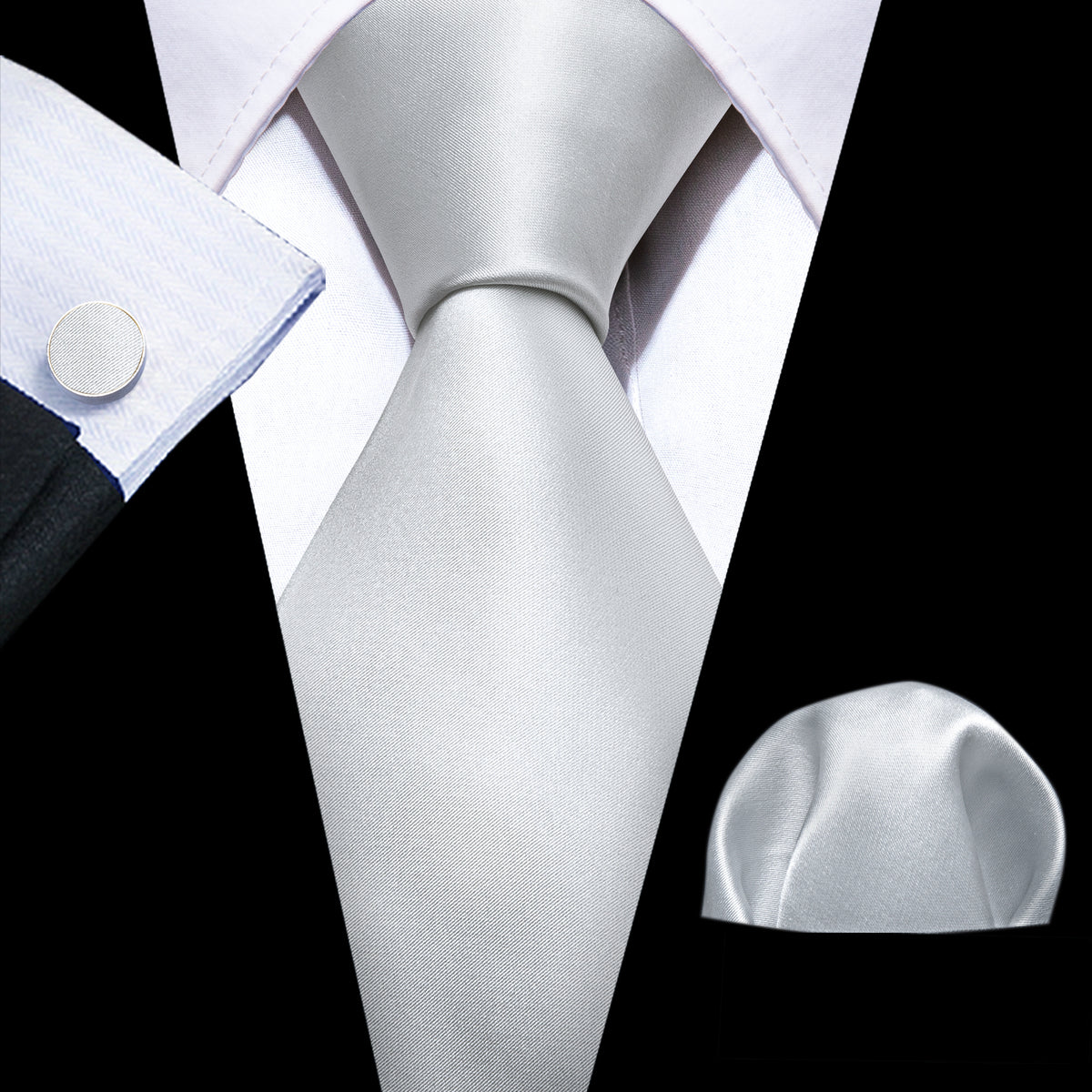 Silver White Solid Tie, Pocket Square and Cufflinks Set tie sets    - Sophisticated Gentlemen