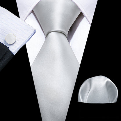 Silver White Solid Tie, Pocket Square and Cufflinks Set tie sets    - Sophisticated Gentlemen