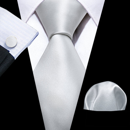 Silver White Solid Tie, Pocket Square and Cufflinks Set tie sets    - Sophisticated Gentlemen