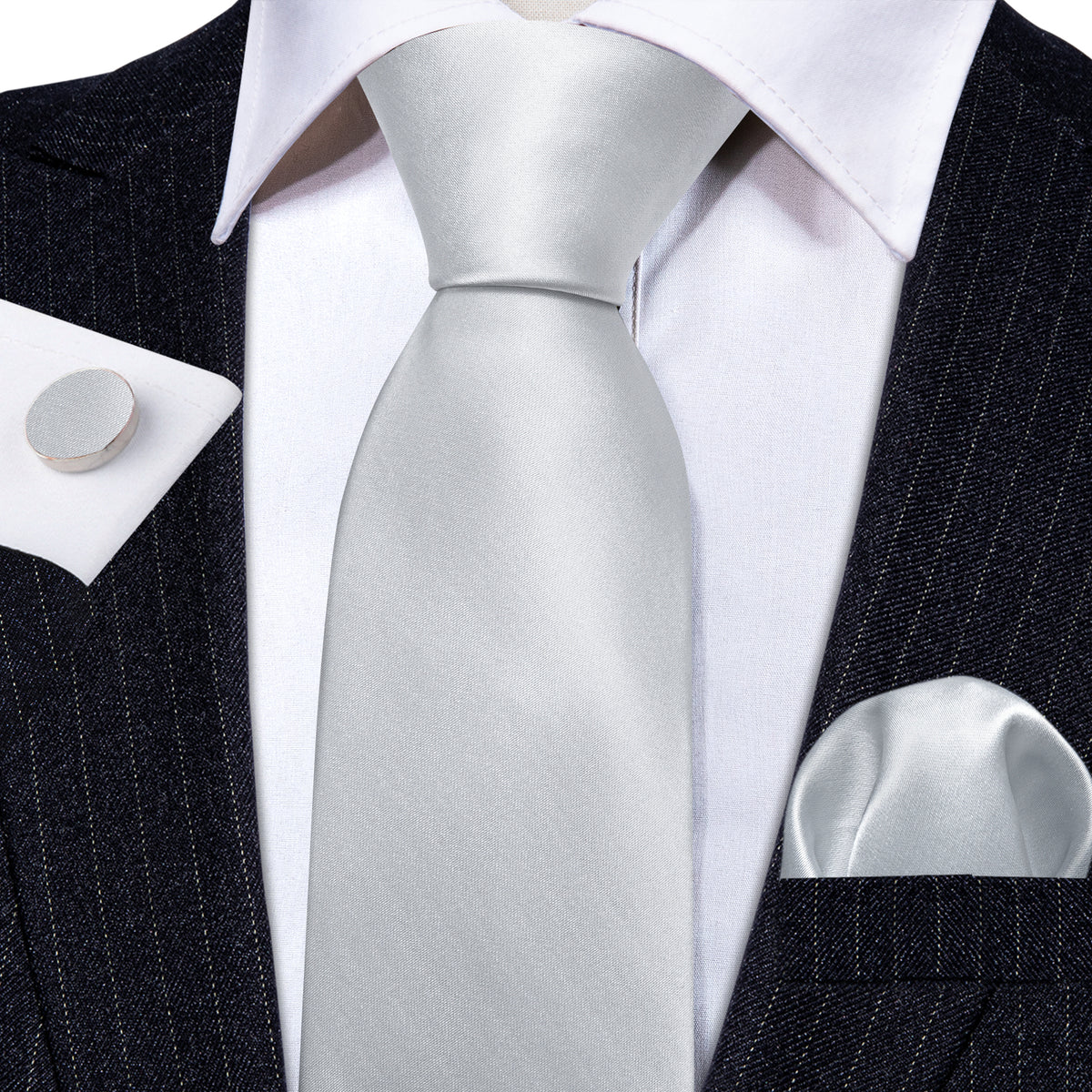 Silver White Solid Tie, Pocket Square and Cufflinks Set tie sets    - Sophisticated Gentlemen