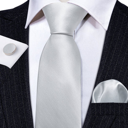 Silver White Solid Tie, Pocket Square and Cufflinks Set tie sets    - Sophisticated Gentlemen