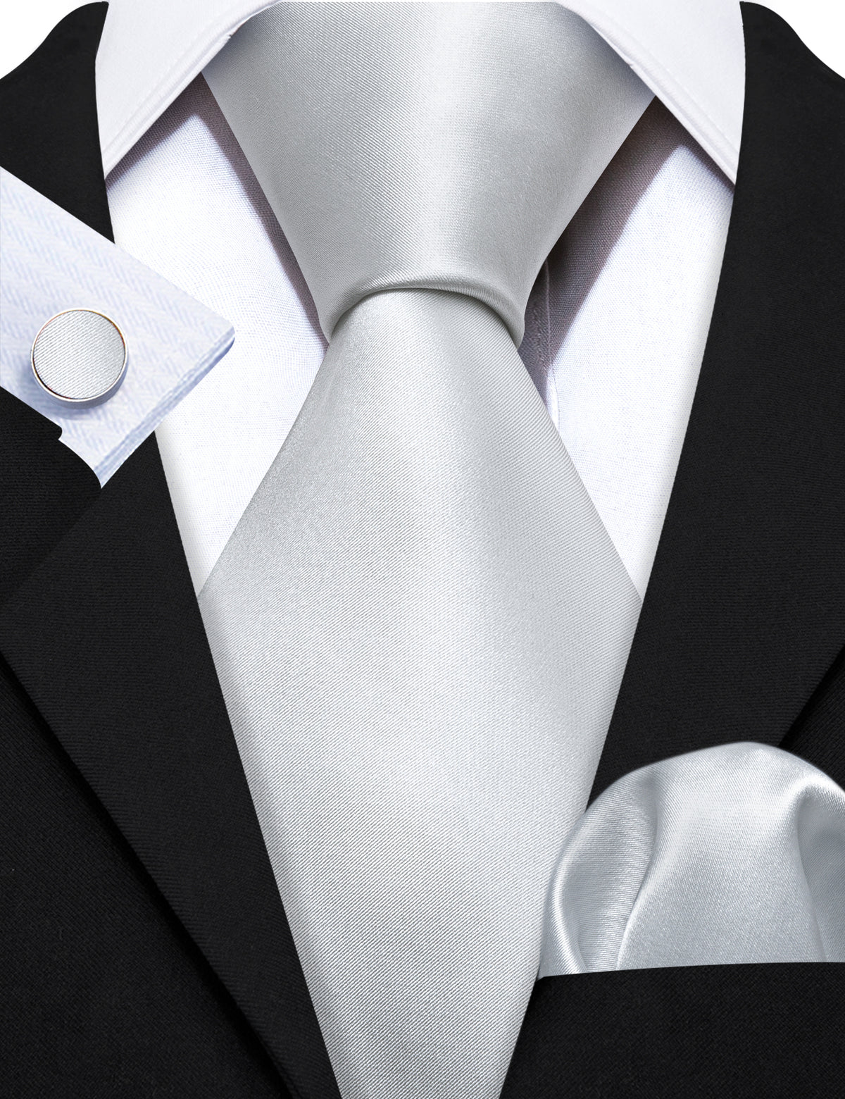 Silver White Solid Tie, Pocket Square and Cufflinks Set tie sets    - Sophisticated Gentlemen