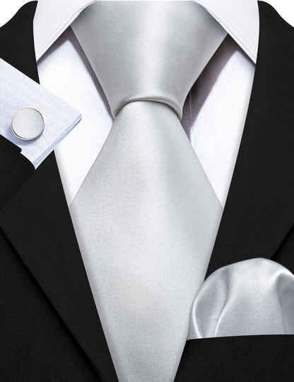 Silver White Solid Tie, Pocket Square and Cufflinks Set tie sets    - Sophisticated Gentlemen