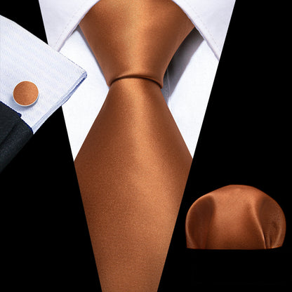 Brown Solid Silk Tie, Pocket Square and Cufflinks Set tie sets    - Sophisticated Gentlemen