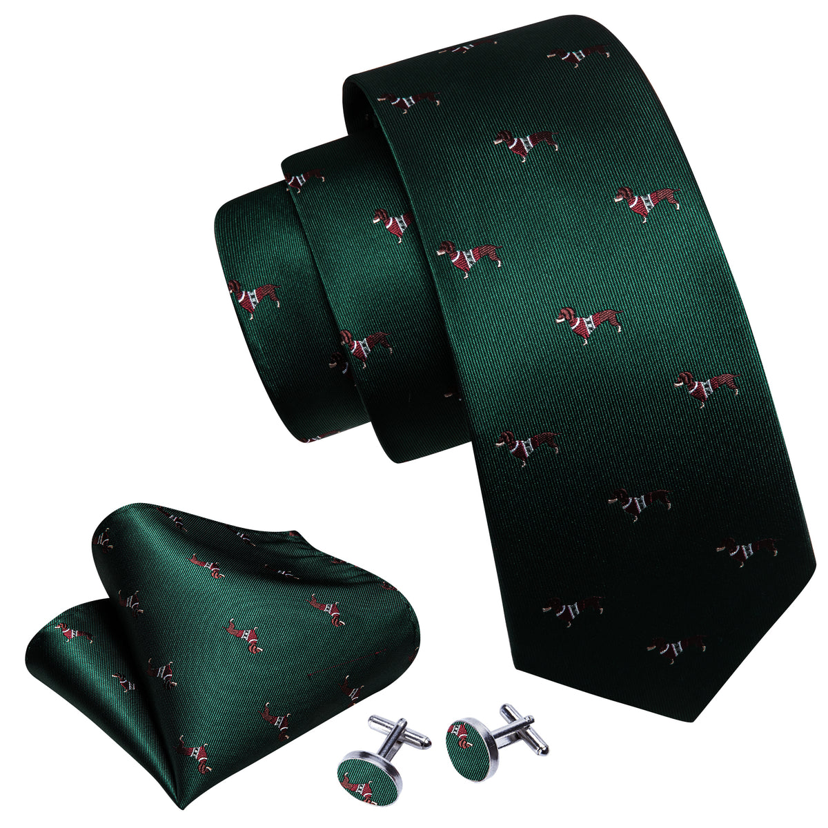 Green Red Dog Print Silk Tie, Pocket Square and Cufflinks Set tie sets    - Sophisticated Gentlemen