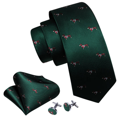 Green Red Dog Print Silk Tie, Pocket Square and Cufflinks Set tie sets    - Sophisticated Gentlemen