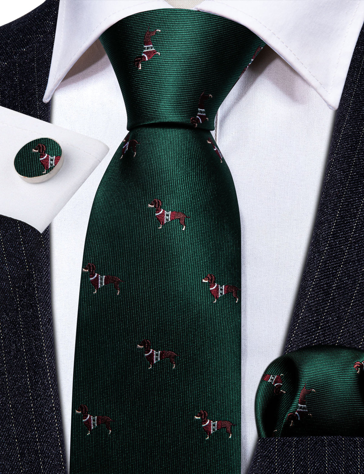 Green Red Dog Print Silk Tie, Pocket Square and Cufflinks Set tie sets    - Sophisticated Gentlemen