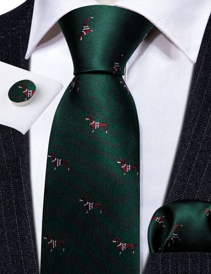 Green Red Dog Print Silk Tie, Pocket Square and Cufflinks Set tie sets    - Sophisticated Gentlemen