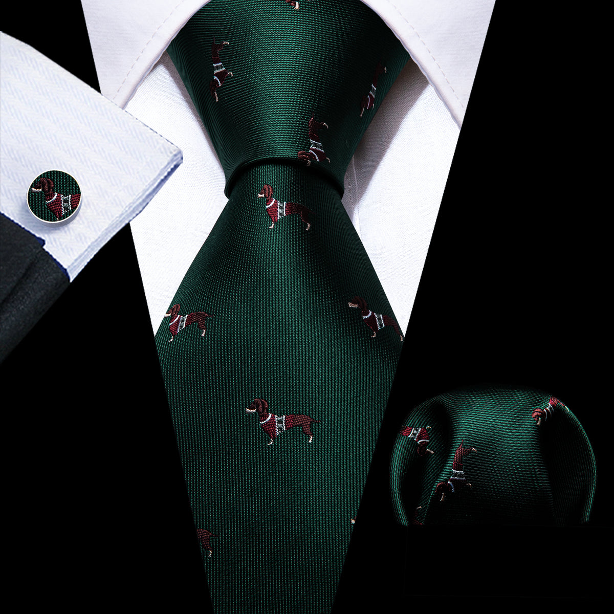 Green Red Dog Print Silk Tie, Pocket Square and Cufflinks Set tie sets    - Sophisticated Gentlemen